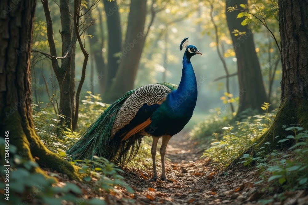 Obraz premium Majestic Peacock Strolling Through A Sunlit Forest Path