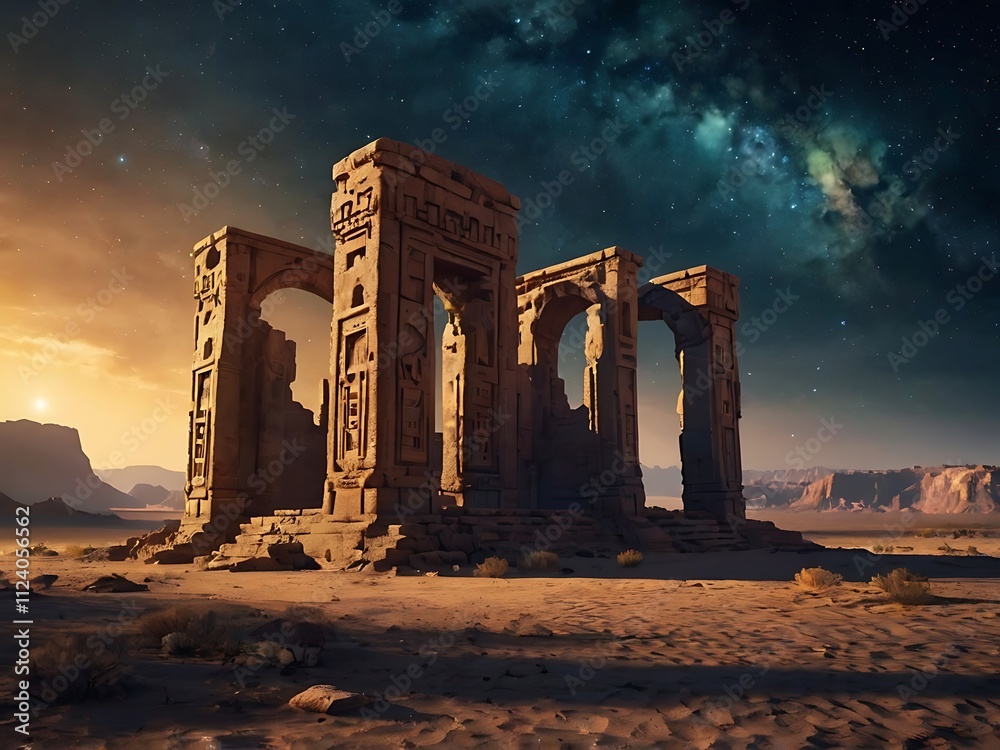 Fototapeta premium Ancient Stone Ruins Under Starry Desert Night Sky