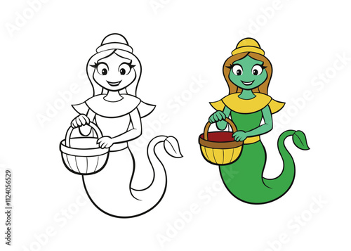 A fun coloring page of a lady snake charmer! She smiles gently, playing a flute, as a friendly snake sways to the tune in a basket. Perfect for kids to color and enjoy!