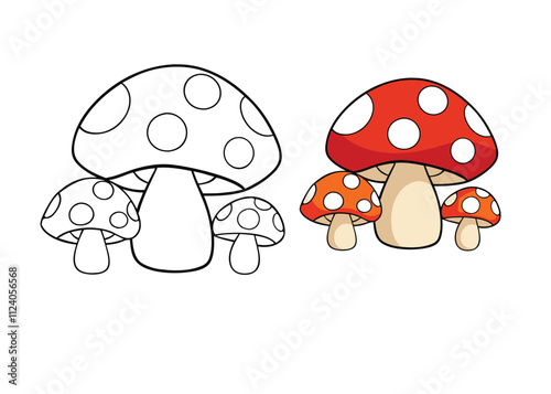 A fun mushroom-themed coloring page for kids featuring cute mushrooms with smiling faces, unique patterns, and nature-inspired elements like grass, flowers, and butterflies!