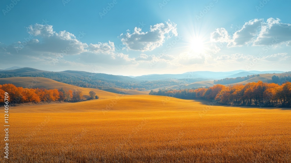 Obraz premium Serene autumn landscape with golden fields and a bright sky.