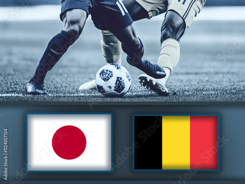 Japan and Belgium flag on scoreboard,against football players during a match on soccer field.