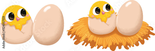 A cartoon of an Easter egg with a chicken, showing a cracked eggshell and yolk, representing life, food, and the Easter concept