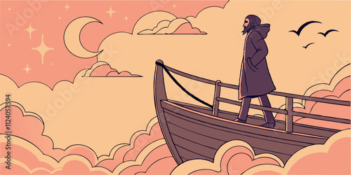 Man in cowl, magician floating on ship in clouds at sunset sky with stars. Digital painting, 3D rendering
