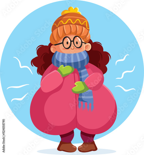 Woman Freezing Outdoors Wearing Warming Clothing Vector Cartoon. Sad girl suffering from cold outdoors in wintertime
