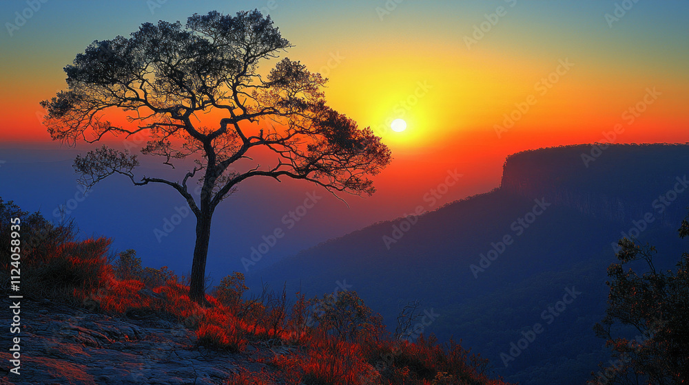 Obraz premium lone tree stands on rocky hilltop, silhouetted against vibrant sunset with warm orange, red, and blue hues, overlooking distant cliff and serene valley