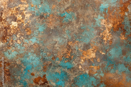 Rustic teal and copper textured background; mottled and aged appearance. Ideal for adding vintage, grunge, or industrial feel to designs. photo