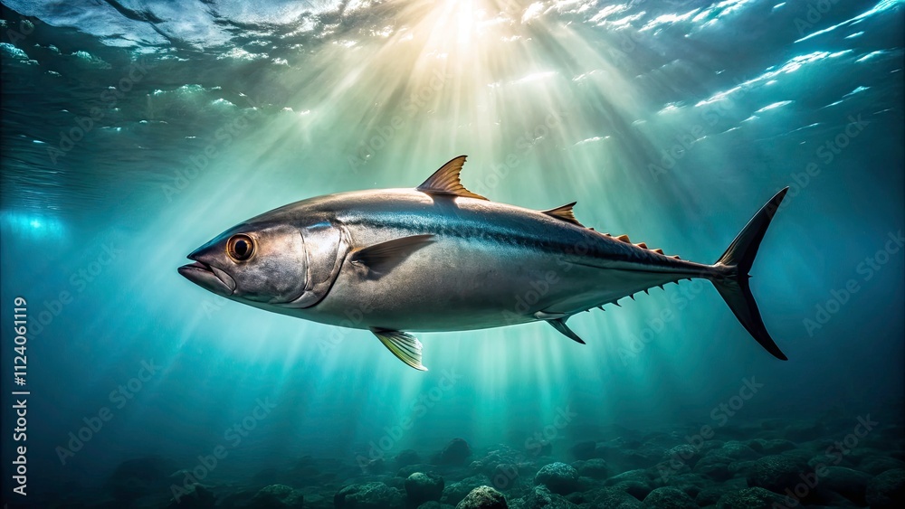 Obraz premium Minimalist Pregnant African Tunny Photography: Underwater Elegance, Ocean Life, Fish Pregnancy, Marine Biology