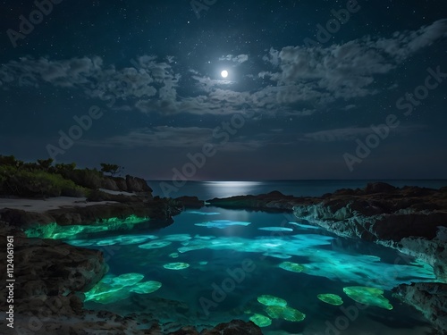 Moonlit Coastal Rock Pool Glowing Underneath Night Sky photo