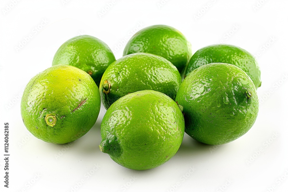A Closeup Shot of Six Vibrant Green Limes Arranged on a Pristine White Background, Showcasing Their Freshness and Juiciness A Closeup Shot of Six Vibrant Green Limes Arranged on a Pristine White Background, Showcasing Their Freshness and Juiciness