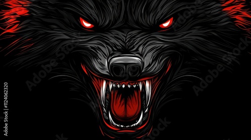 Fierce black wolf with red eyes snarling. Perfect for dark, edgy designs; power, danger concepts.