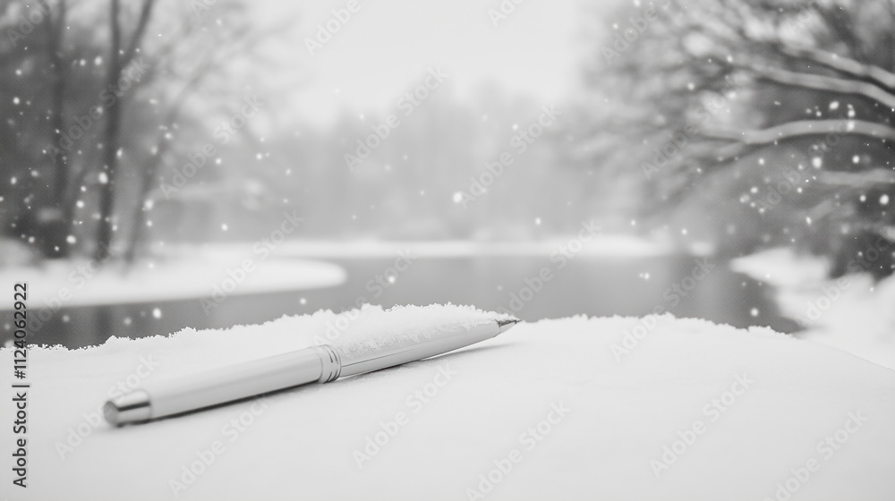 Fototapeta premium closeup of white pen snowing snow covered trees in park seasonal background writer author concept white grey