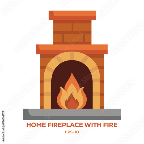 Illustration Home fireplace with fire on white