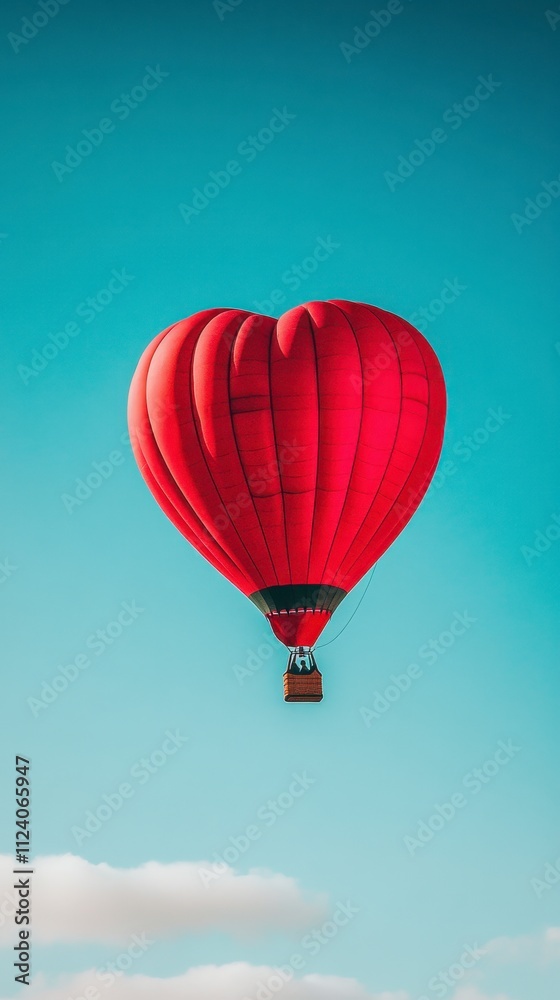 Fototapeta premium Red heart-shaped hot air balloon soaring in blue sky