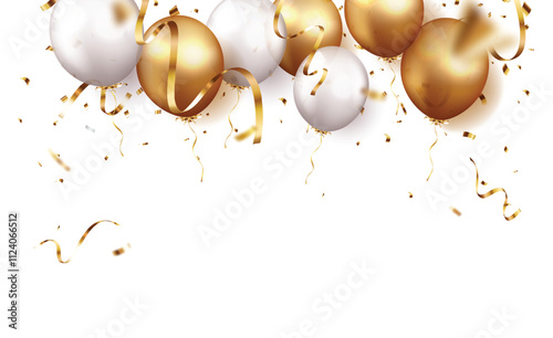 Celebration banner with gold confetti and balloons