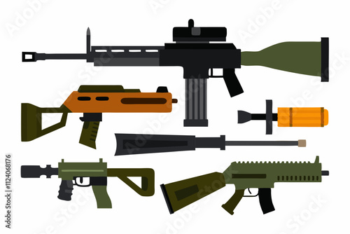 Military Rifles and Equipment - Vector Illustration and Line Art for Printable Design
