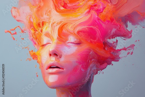 Abstract woman engulfed in vibrant pink and orange paint. Ideal for themes of creativity, imagination, and inner peace. photo