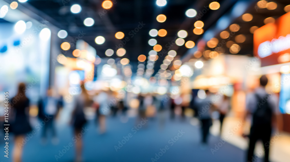 Obraz premium Blurred figures at a trade fair, showcasing business activity.