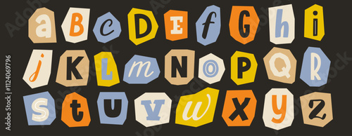 Cut out paper alphabet collection. Colored different letter collage set. Cute craft doodle font element bundle for decoration, poster, banner, print. Playful ransom blackmail style abc pack. Vector