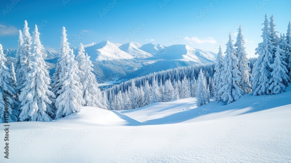 Obraz premium Snow-covered landscape with tall trees and mountains under a clear blue sky.