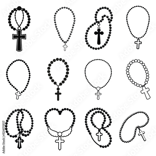 
Collection of Rosary with cross-religion vector illustration