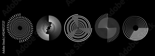 White radial spiral pattern set. Circular spinning speed line form collection. Rotating circle sound wave concept. Abstract sunburst ray or beam element pack for icon, badge, logo, tag, label. Vector