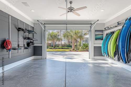 A spacious garage with surfboards and tools, leading to a sunny outdoor area.