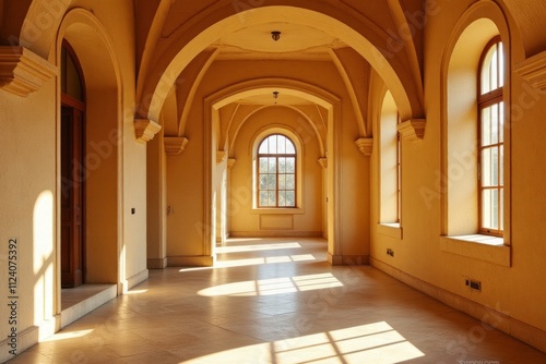 Sunlit Hallway With Arched Windows And Doors