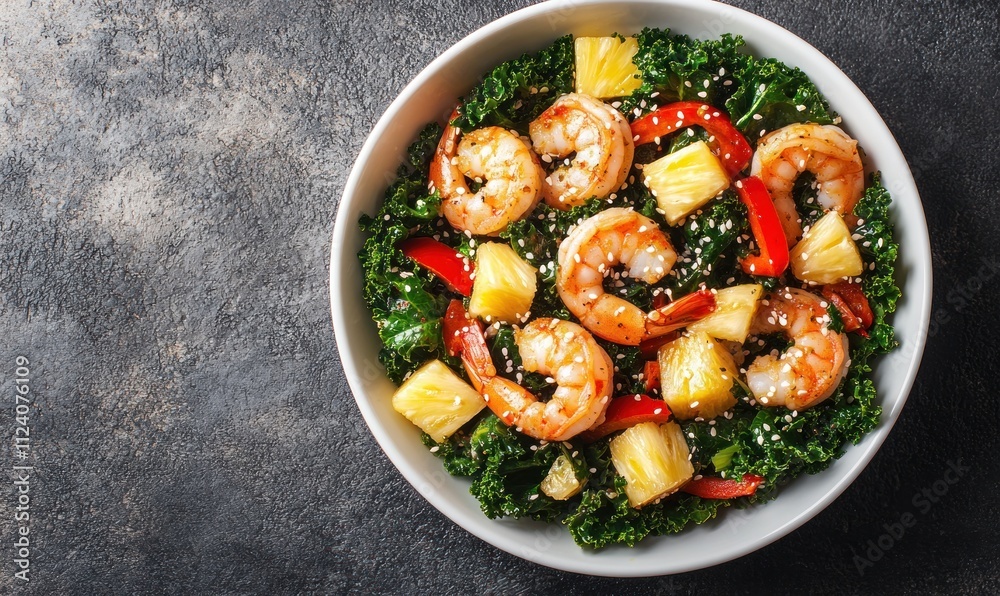 A vibrant salad with shrimp, kale, red peppers, and pineapple, showcasing healthy eating. A vibrant salad with shrimp, kale, red peppers, and pineapple, showcasing healthy eating.