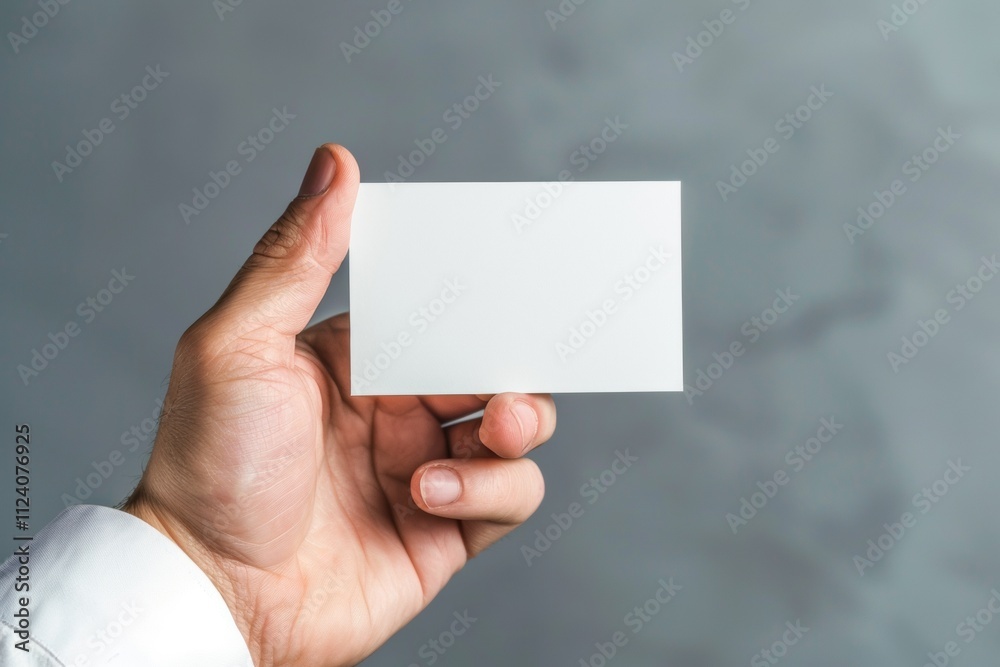 A Close-up of a Hand Holding a Blank White Business Card Against a Gray Background, Perfect for Mockups and Branding Presentations A Close-up of a Hand Holding a Blank White Business Card Against a Gray Background, Perfect for Mockups and Branding Presentations