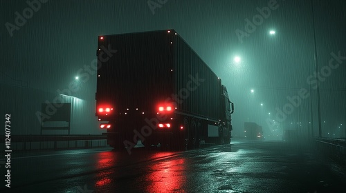 Large Truck Driving On A Rainy Night Road