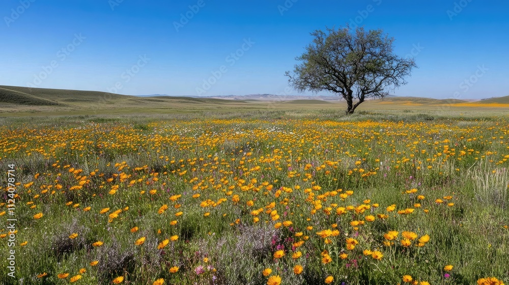 Fototapeta premium Vibrant Yellow Flowers in Lush Green Landscape Under Clear Sky