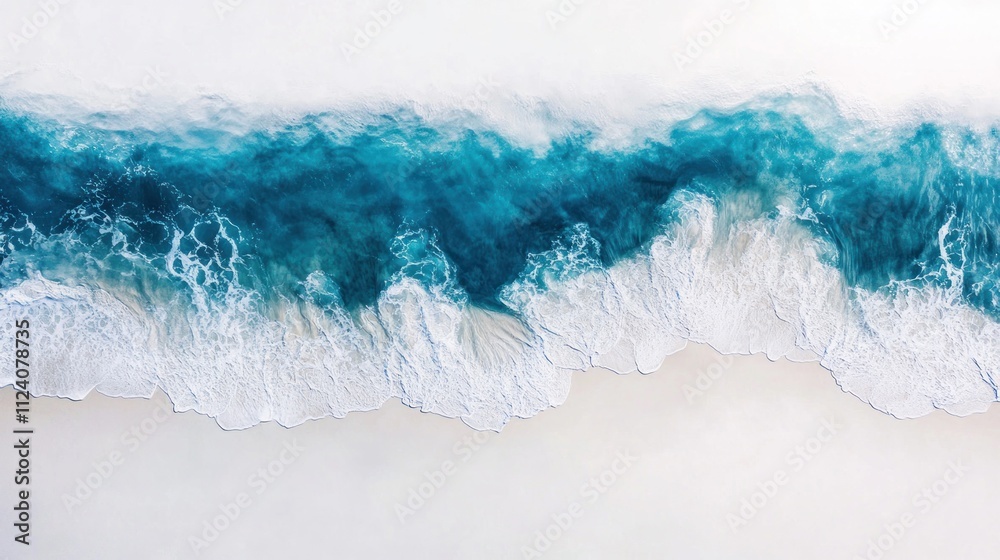 Aerial view of ocean waves crashing on a sandy shore, showcasing vibrant blue and white colors. Aerial view of ocean waves crashing on a sandy shore, showcasing vibrant blue and white colors.