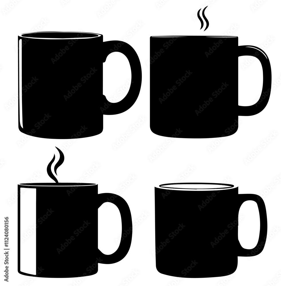 Obraz premium Four stylized black coffee mugs, varying in design, some with steam rising, representing a cozy coffee theme.