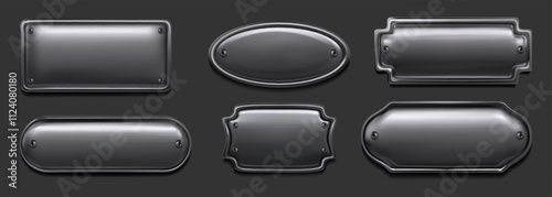 Iron plate. Metal silver plaque frame. Steel chrome texture for emblem and logo. Stainless tag shapes. Blank aluminum nameplate attached with rivets. Vector metallic surface signs set