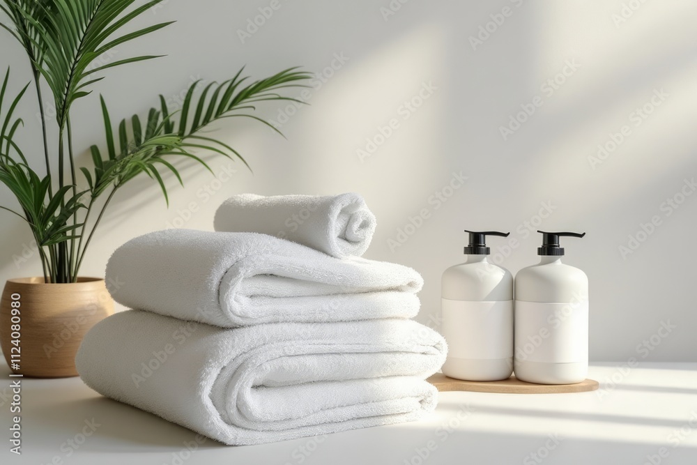 White towels and bottles arranged near a plant White towels and bottles arranged near a plant