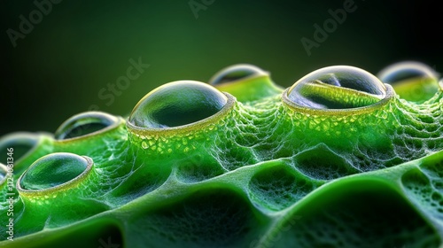 Close-up of water droplets on a green leaf surface. transpiration and biology concept.