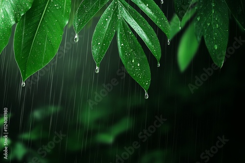 Lush green leaves with rain droplets in a dark background. transpiration and ecology concept.