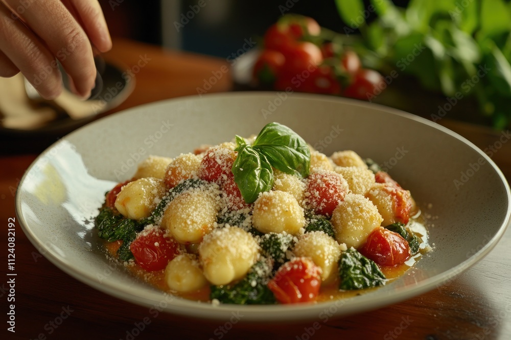 A plate of gnocchi with tomatoes, spinach, and basil, garnished with cheese. A plate of gnocchi with tomatoes, spinach, and basil, garnished with cheese.