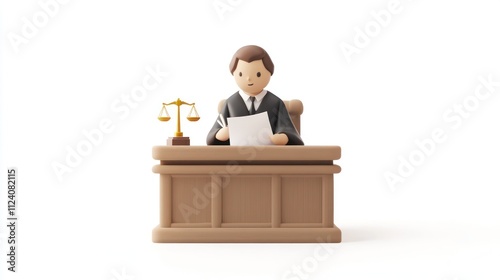 A judge sitting at a desk, reviewing documents with a scale of justice beside him.