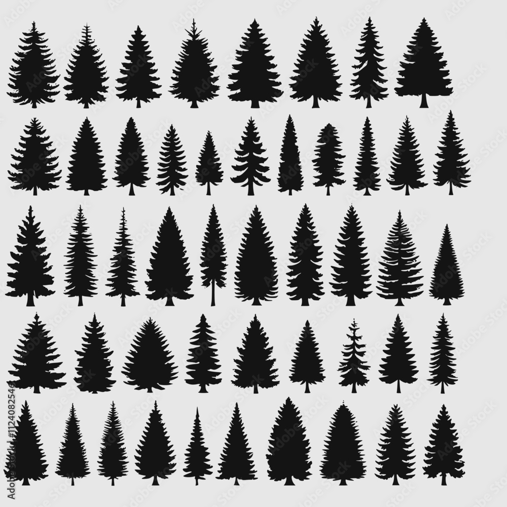 Fototapeta premium Pine tree silhouettes. Evergreen forest firs and spruces black shapes, wild nature trees templates. Vector woodland. Vector illustration woodland trees set on white background.