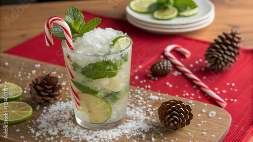 Festive mojito with fresh mint, lime slices, and candy cane garnish, perfect for holiday celebrations. Enjoy refreshing taste and vibrant presentation!