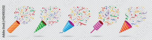 Paper popper. Birthday confetti firecracker, event or carnival success business celebration. Colorful explosion. Holiday elements for party celebrate. Vector Vector cartoon flat illustration