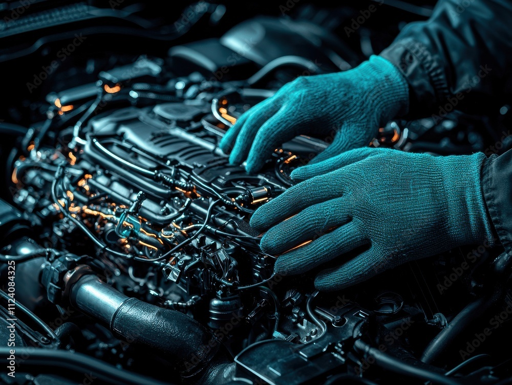 Fototapeta premium A close-up view of a person’s gloved hands working on a car engine, showcasing intricate machinery and components under dim lighting.
