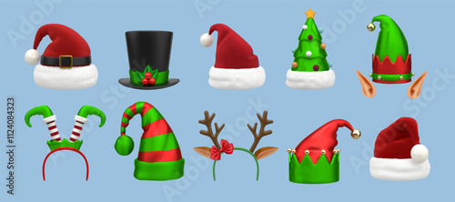 Elf ear. Christmas reindeer headband, 3d Santa costume with red nose and Xmas elves cap. Render cartoon isolated carnival costume elements. Xmas party, winter holiday. Vector headwear set