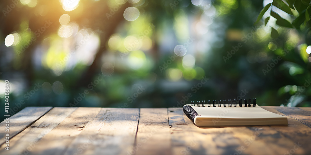 Rustic Wooden Desk with Notebook and Pencils in Sunlit Room Rustic Wooden Desk with Notebook and Pencils in Sunlit Room