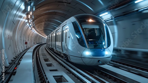 High-speed train rapidly traversing a modern, illuminated subway tunnel.