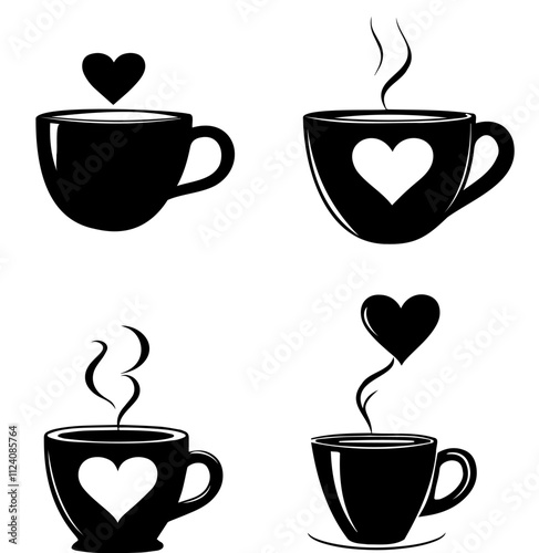 Four black cups with heart designs, each emitting steam, symbolizing warmth and love in a cozy coffee setting.