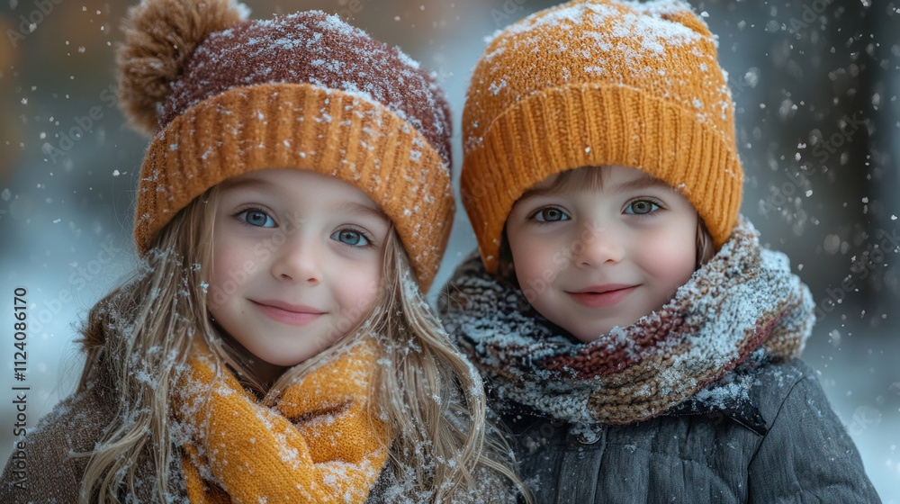 Children winter fashion campaign featuring kids in cozy knitwear playing in a snow-covered park