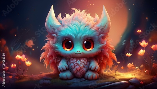 Shy little cute demon with small horns and playful eyes. Fantasy character concept.
